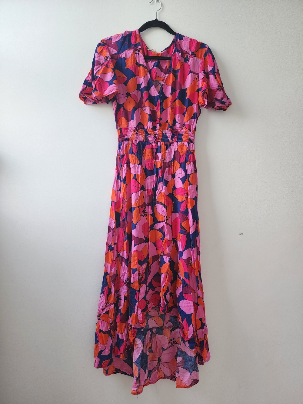 Vibrant Pink Floral High-Low Dress with Smocked Waist